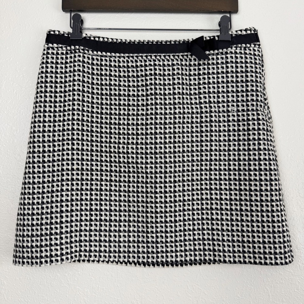 H&M Black White Wool Blend Houndstooth Mini Skirt Bow Waist 12 A-Line